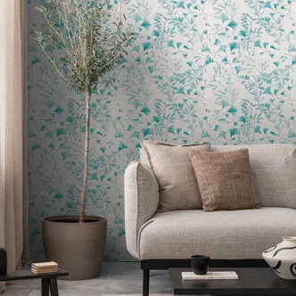Blätter-Tapete Ginkgo Türkis Weiß – Vliestapete mit Aquarell-Look – Frisch & Leicht 