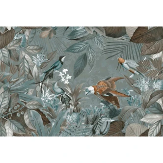 Livingwalls Fototapete ARTist Tropical Jungle mit Dschungel und Tukanen grün, orange 