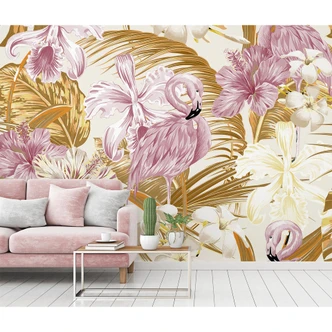 Orange and pink non-woven wallpaper Designwalls FlamingoArt flamingo jungle 