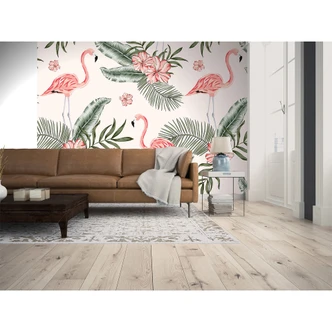 white and pink non-woven wallpaper Designwalls Tropical Vibes flamingo birds 