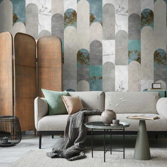 geometrisch marmer look blauw grijs - vliesbehang modern - art deco behang 