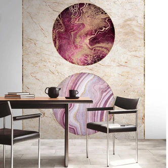 Papier peint photo avec motif marbré et circulaire - papier peint intissé rose doré - papier peint salon contemporain 