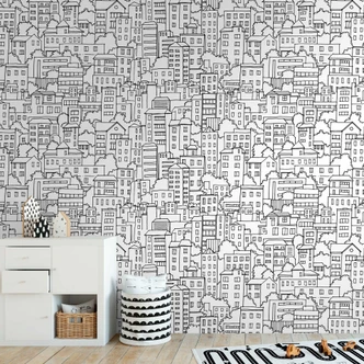 Fototapet med byillustration - non-woven tapet med sort-hvidt mønster - tapet til børneværelset Fototapet med byillustration - non-woven tapet med sort-hvidt mønster - tapet til børneværelset