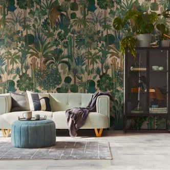 Giungla verde beige - Carta da parati in tessuto non tessuto con motivo di piante - Design esotico 