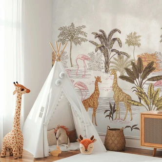 Safari behang beige kleurrijk - vliesbehang met giraffen & palmbomen voor woonkamer & kinderkamer 