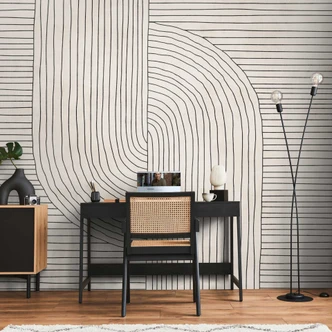 Modern Beige Black - Fototapet i non-woven med linjemönster för vardagsrum & kontor 