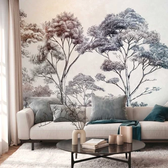 Kleurrijk bos behang - vliesbehang met boom illustratie voor woonkamer & slaapkamer 