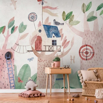 Wall mural children's room tree house colourful - Non-woven wallpaper with playground motif for baby room 