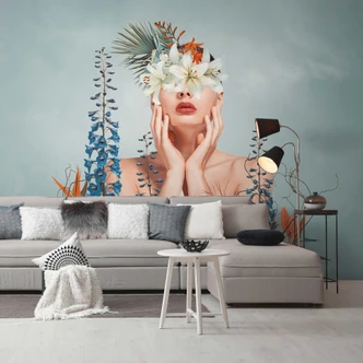 Woman with flower pattern colourful - non-woven wallpaper for modern living room & bedroom 