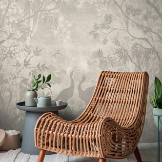 Boslandschap sepia beige - vliesbehang met vogel- en boommotieven 