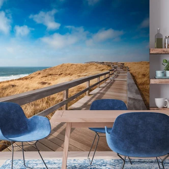 Beach wallpaper jetty dunes blue brown - non-woven wallpaper 3,75 m x 2,50 m sea motif 