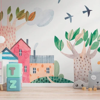 Mongolfiera e villaggio delle fiabe - 375 x 250 cm - Carta da parati in tessuto non tessuto | WALL LOVE 