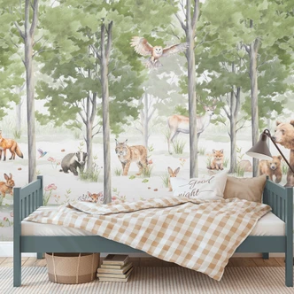 Fotomurale animali della foresta verde bianco 3,75 x 2,50 m - Carta da parati in tessuto non tessuto per bambini 