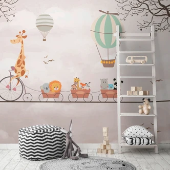 Animali sul treno rosa beige 3,75 x 2,50 m - Fotomurale per bambini con mongolfiera 