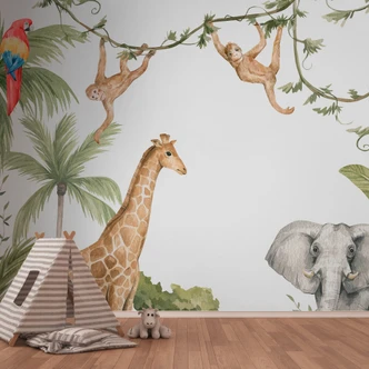 Animali della giungla verde bianco 3,75 x 2,50 m - Fotomurale per bambini in tessuto non tessuto tropicale 