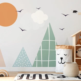 Fotomurale montagne moderne beige verde 3,75 x 2,50 m - Carta da parati per bambini stile Scandi in tessuto non tessuto 