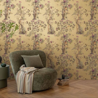 Florale Mustertapete mit Schmetterlingen Senfgelb Grün Rosa - Vliestapete Naturmotiv Florale Mustertapete mit Schmetterlingen Senfgelb Grün Rosa - Vliestapete Naturmotiv