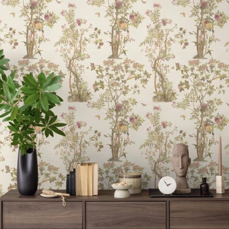 Tapet med mønster og sommerfugle beige grøn pink - Ikke-vævet tapet naturmotiv 