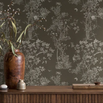 Tapeta wg wzoru kwiatowego z motylami czarna szara - tapeta z włókniny motyw natura 