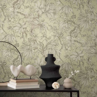 Botanisk tapet grön beige - exotisk Icke-vävd tapet med löv - mönster tapet 