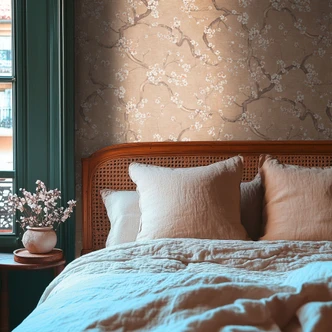 Bloesemtakkenbehang beige wit oranje - Vliesbehang met kersenbloesems Bloesemtakkenbehang beige wit oranje - Vliesbehang met kersenbloesems