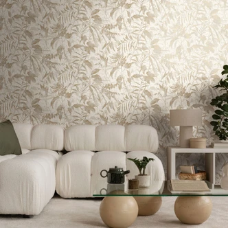 Papel pintado vegetal blanco beige - motivo hoja estilo naturaleza - Papel pintado no tejido con textura 