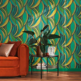 Papier peint jungle turquoise vert jaune - structure de feuille moderne multicolore - papier peint intissé 