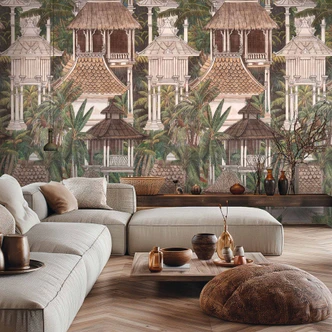 Asian architecture with palm trees wallpaper - non-woven wallpaper, expandable 