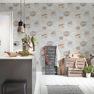 Selvklæbende tapet & møbelvinyl - kaffe og pizza - hvid, beige - rulle 840x53 cm  