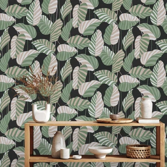 carta da parati foglie verde nero - carta da parati non tessuta piante floreale moderna carta da parati foglie verde nero - carta da parati non tessuta piante floreale moderna