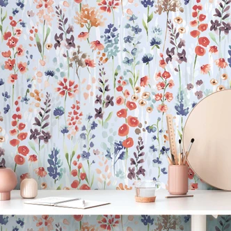 Papier peint fleuri aquarelle bleu orange - papier peint à motifs floraux - papier peint intissé 