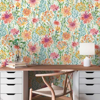 Akvarellgrön blommig tapet - blommig non-woven tapet - vårliknande 