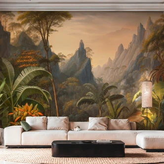 Djungel berg palmer beige grön 371x280 cm Icke-vävd tapet 