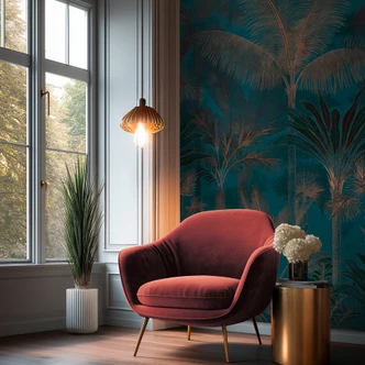 Fototapet palmer djungel expanderbar blå brun 159x280 cm Icke-vävd tapet   