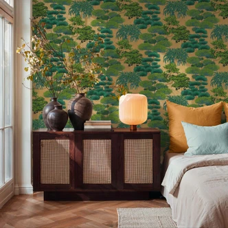 Icke-vävd tapet träd natur grön guld tapet tapet tapet skog löv landskap  