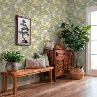 Icke-vävd tapet träd natur grön kräm tapet tapet tapet skog löv landskap  