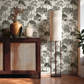 Icke-vävd tapet skogsträd palmer grå svart vit metallisk tapet tapet natur 