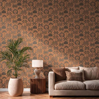 Icke-vävd tapet palmer orange svart metallisk tapet tapet löv natur 