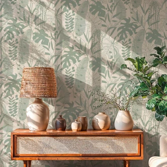 Icke-vävd tapet palmblad grön grädde grå metallisk tapet tapet natur 