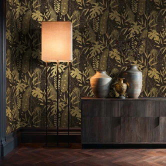 Icke-vävd tapet palmblad svart guld metallisk tapet tapet tropikerna 