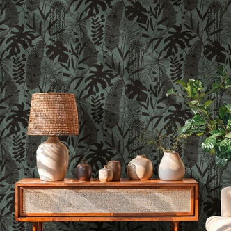 Icke-vävd tapet palmblad blå svart metallisk tapet tapet tropikerna 