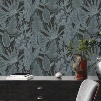 Papier peint intissé design floral noir gris - papier peint graphique avec feuilles  