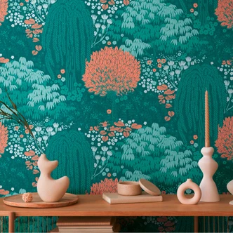 Papier peint à motifs forêt bleu vert - papier peint avec accents orange 
