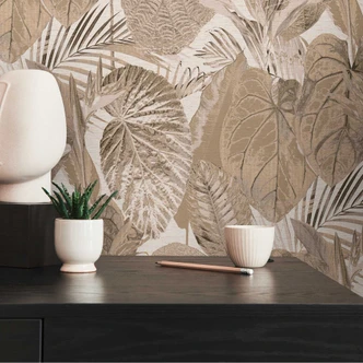 Papier peint jungle ton sur ton Beige - papier peint intissé floral avec feuilles  