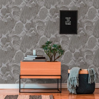 Papier peint jungle ton sur ton gris - intissé floral avec feuilles Papier peint jungle ton sur ton gris - intissé floral avec feuilles