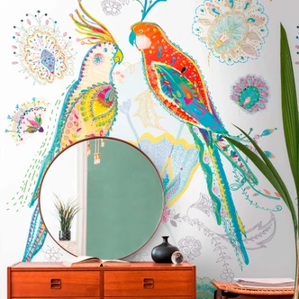 Fototapete Papagei Bunt Weiß - Vogeltapete Natur - Blumentapete Floral 