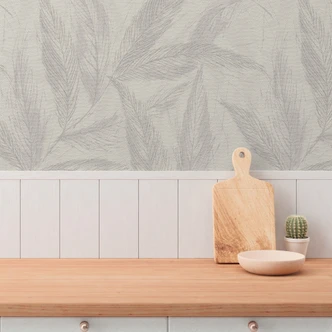 Gråhvidt beige plantetapet - Ikke-vævet tapet med et fint, mat bladmønster 