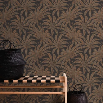 papier peint jungle noir brillant or - papier peint à motifs avec plantes 