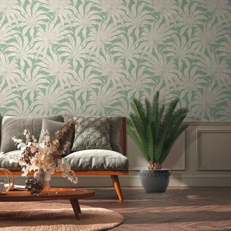 Carta da parati Jungle verde chiaro lucido argento - Carta da parati con motivi di piante  