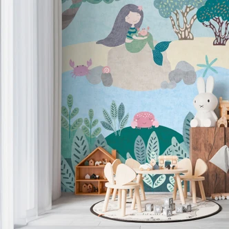 Zeemeermin behang voor kinderkamer blauw groen - sprookjesachtig Fotobehang 